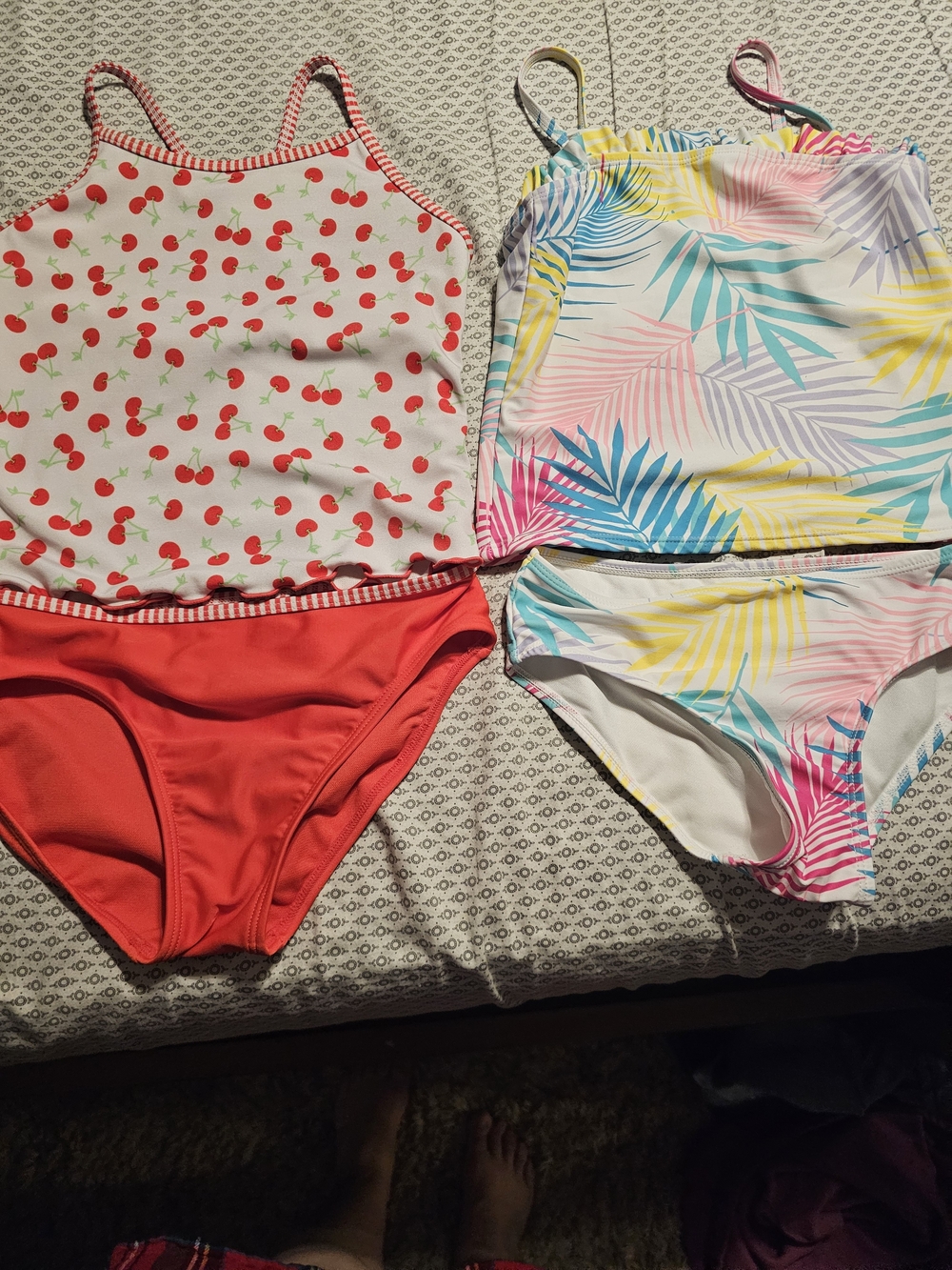 Girls Two-Piece Tankini Set - Cherry Print & Tropical Leaf